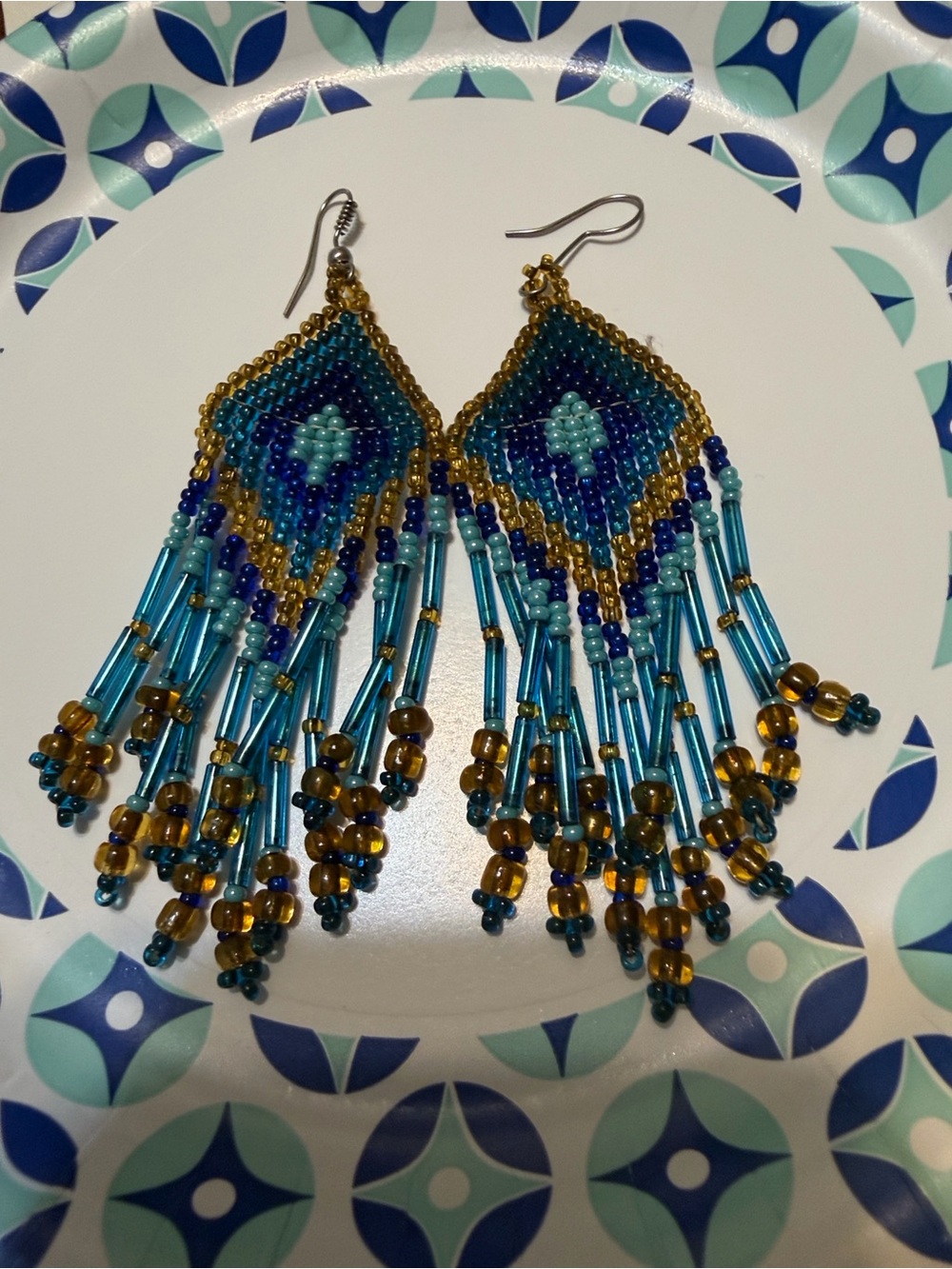Handmade Turquoise and Gold Beaded Fringe Earrings